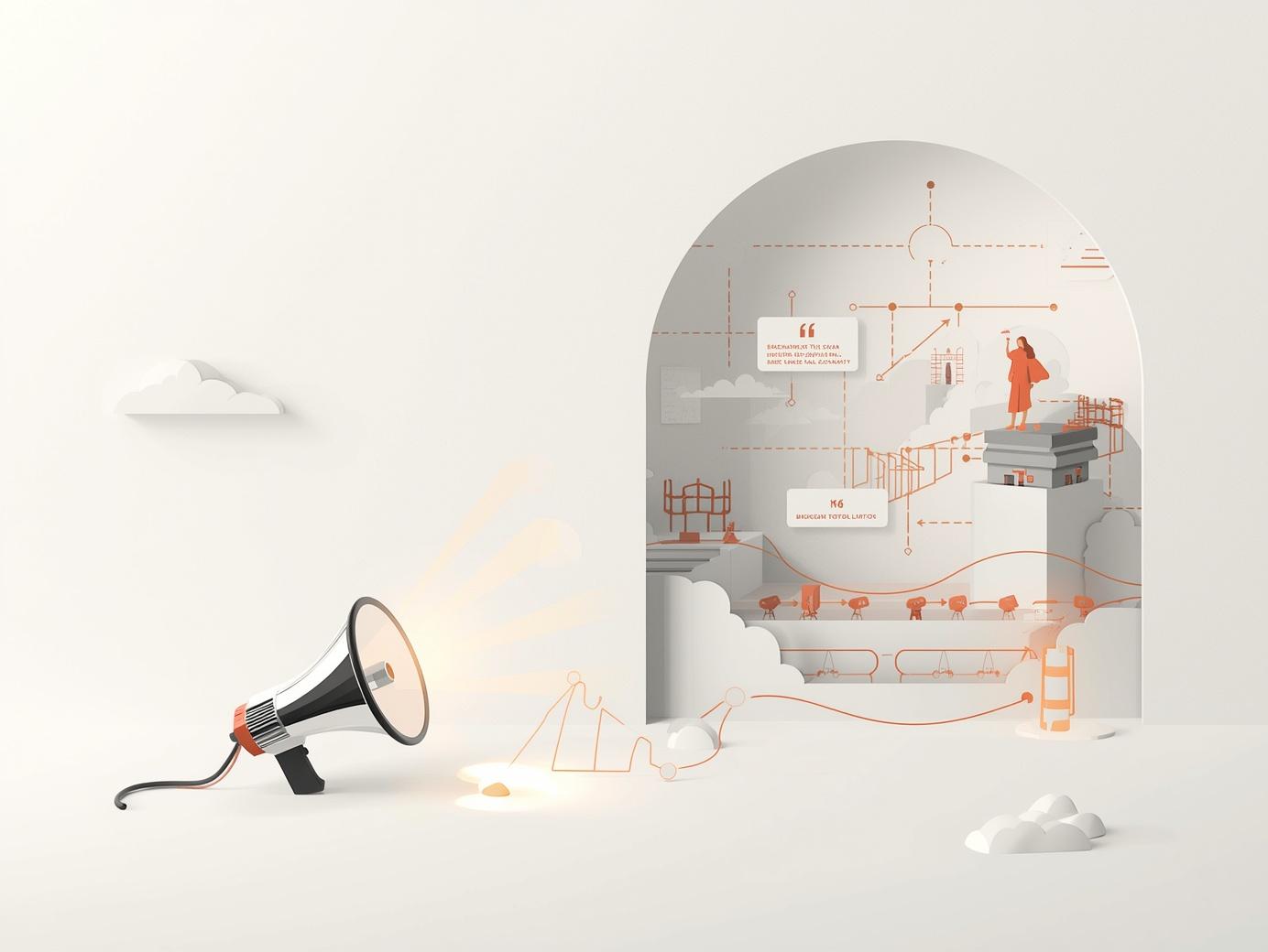 Illustration éditoriale moderne et minimaliste montrant, dans une ambiance calme et stratégique, le contraste entre le spectacle marketing et les réalités structurelles d’un projet, sur fond blanc cassé avec accents bleus.