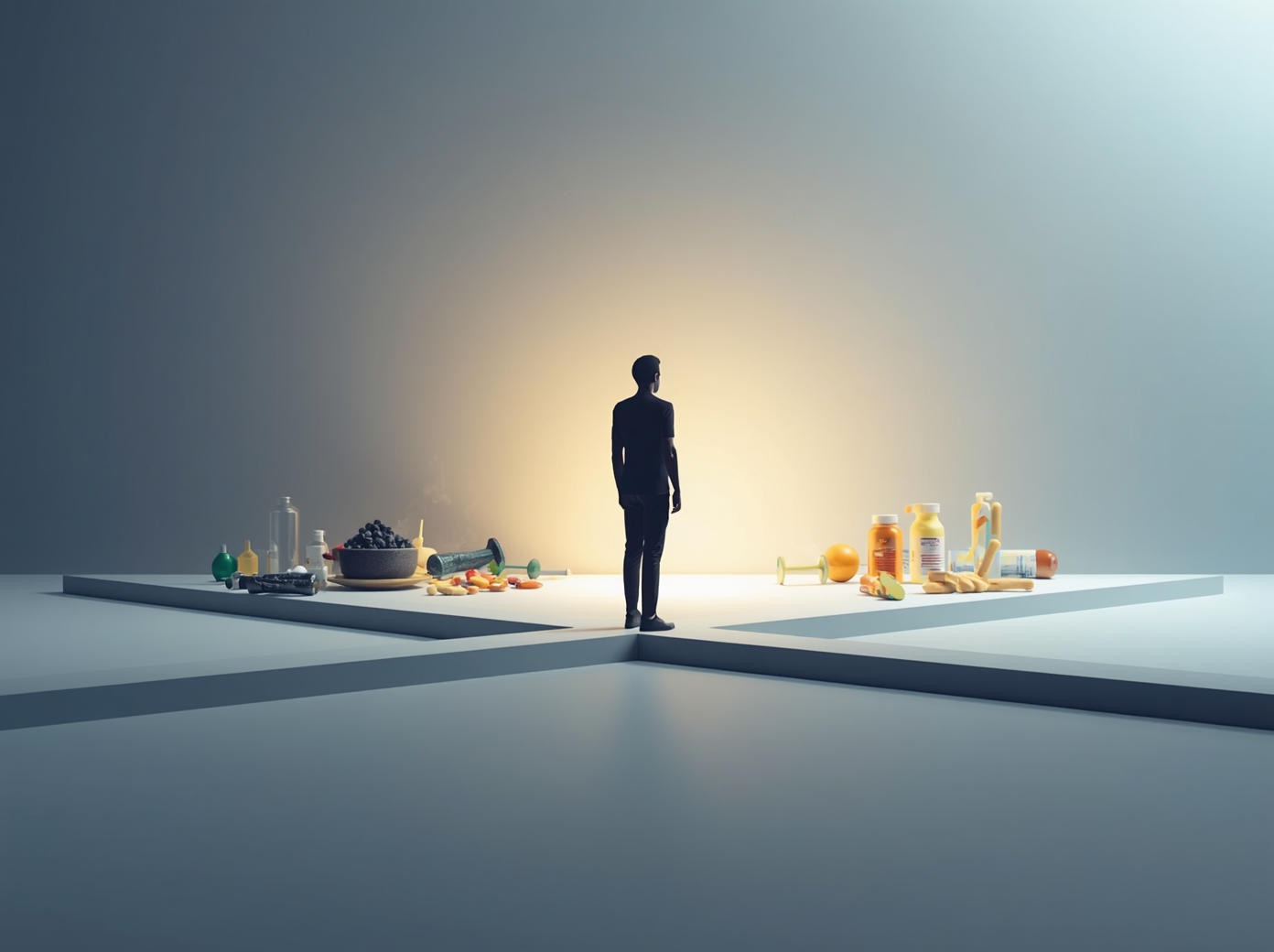 Personne à un carrefour choisissant entre mauvaises habitudes et hygiène de vie équilibrée avec sport, nutrition et compléments alimentaires pour rester concentré