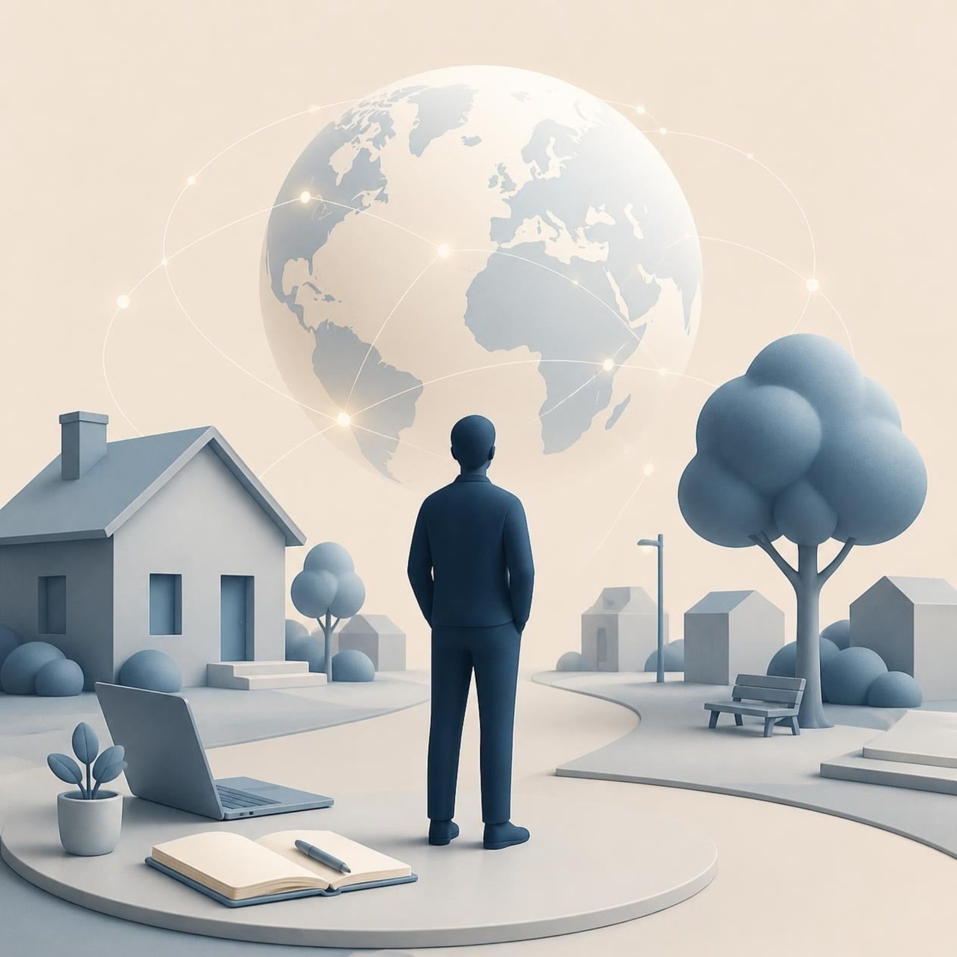 Person at the centre of a calm neighbourhood linked to a luminous globe, minimalist editorial illustration.