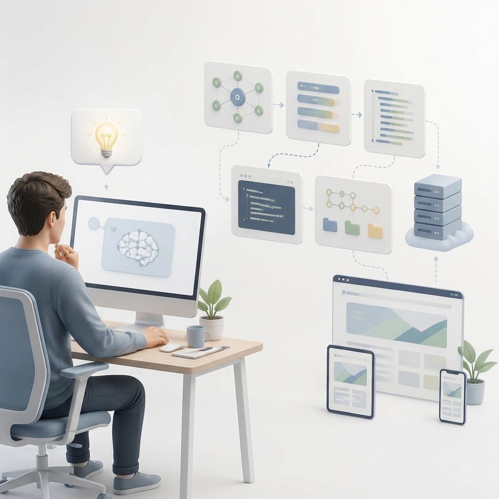 Developer in front of a computer turning an idea into a web application with the help of artificial intelligence, AI agents, code, Git and a web server.