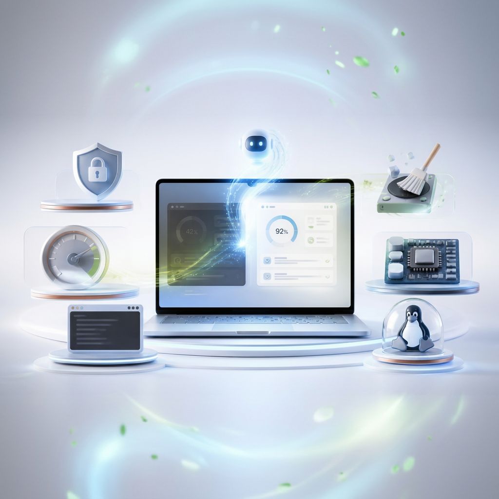 Windows computer improved with the help of artificial intelligence around security, performance, disk space, drivers and system maintenance.