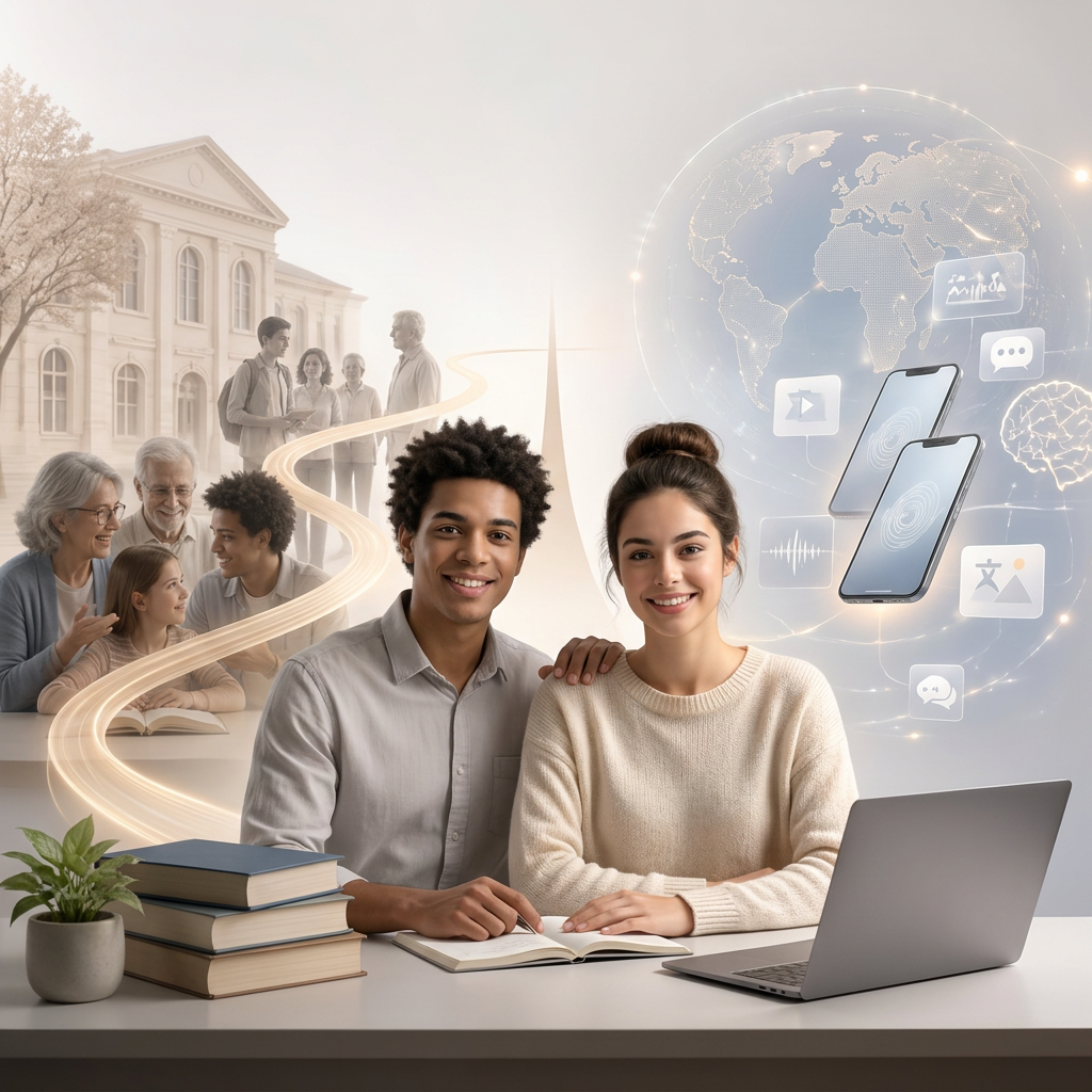 Young adult couple surrounded by symbols of education, cultural transmission and artificial intelligence, between human learning and a digital world.