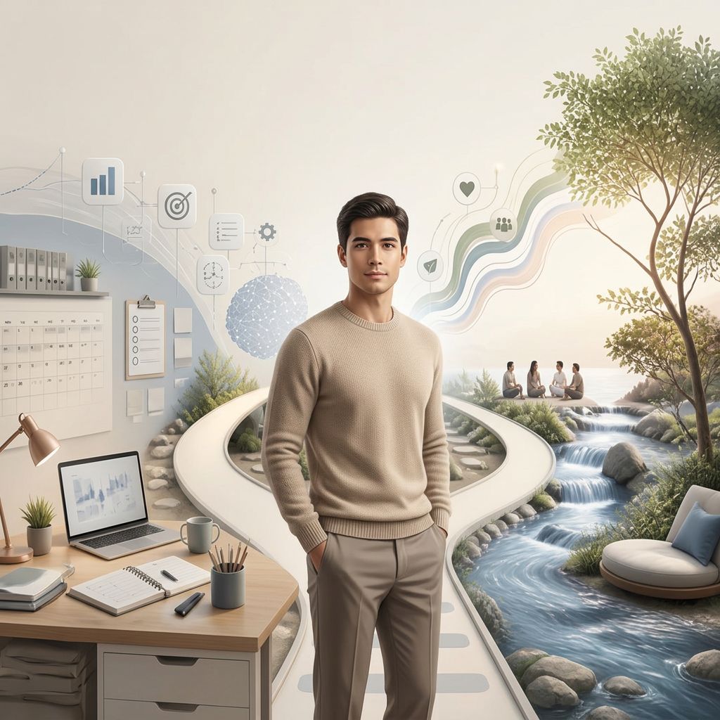 Person on a path between a structured planning space with a planner and computer, and a more fluid world with water, nature, social relationships and digital tools.