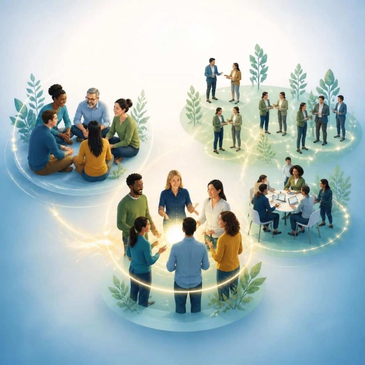 Illustration of groups of people connected by a glowing network, symbolising clans, tribes and communities.