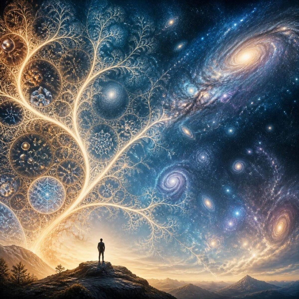 Leuchtendes Fraktal, das mikroskopische Strukturen und Galaxien verbindet, während eine menschliche Silhouette das unendlich Große und das unendlich Kleine betrachtet.